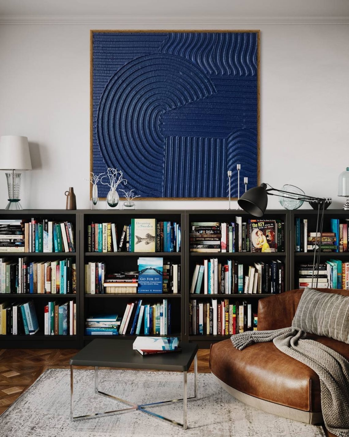 Azure Whirl: Depth in Motion – blue wall art abstract with textured geometric patterns