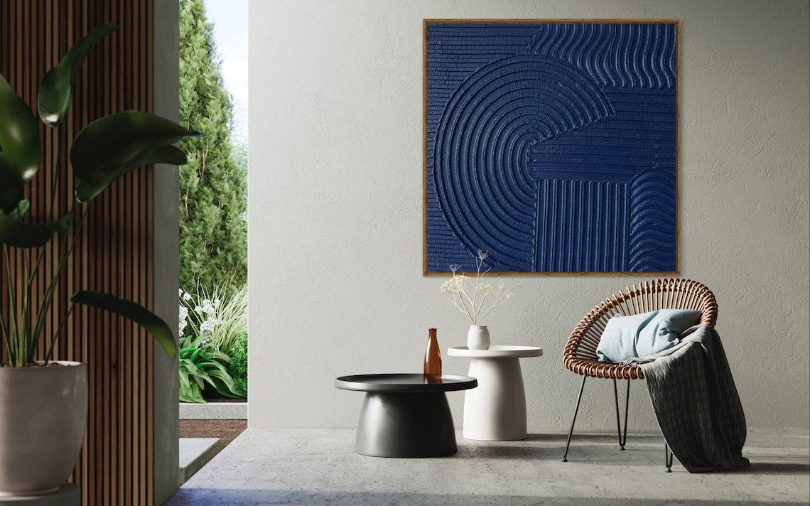 Azure Whirl: Depth in Motion – blue wall art abstract with textured geometric patterns