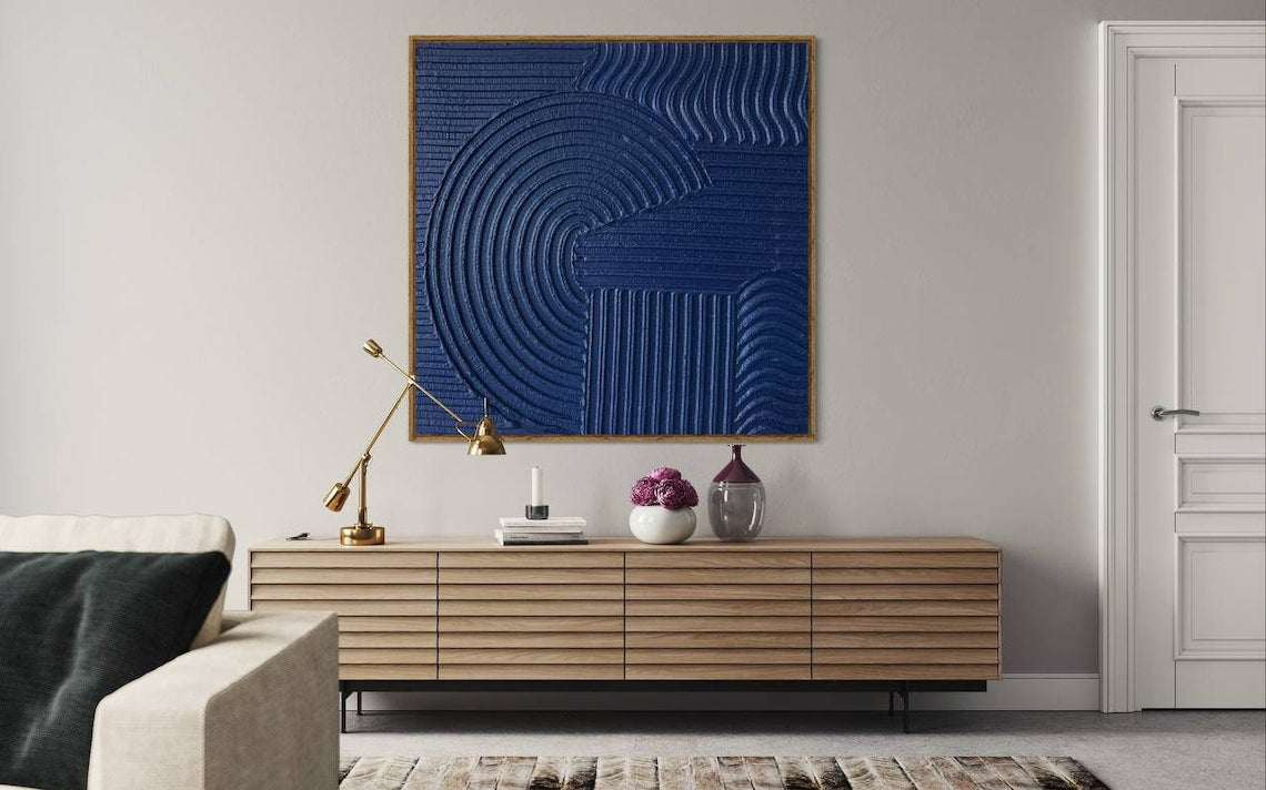 Azure Whirl: Depth in Motion – blue wall art abstract with textured geometric patterns