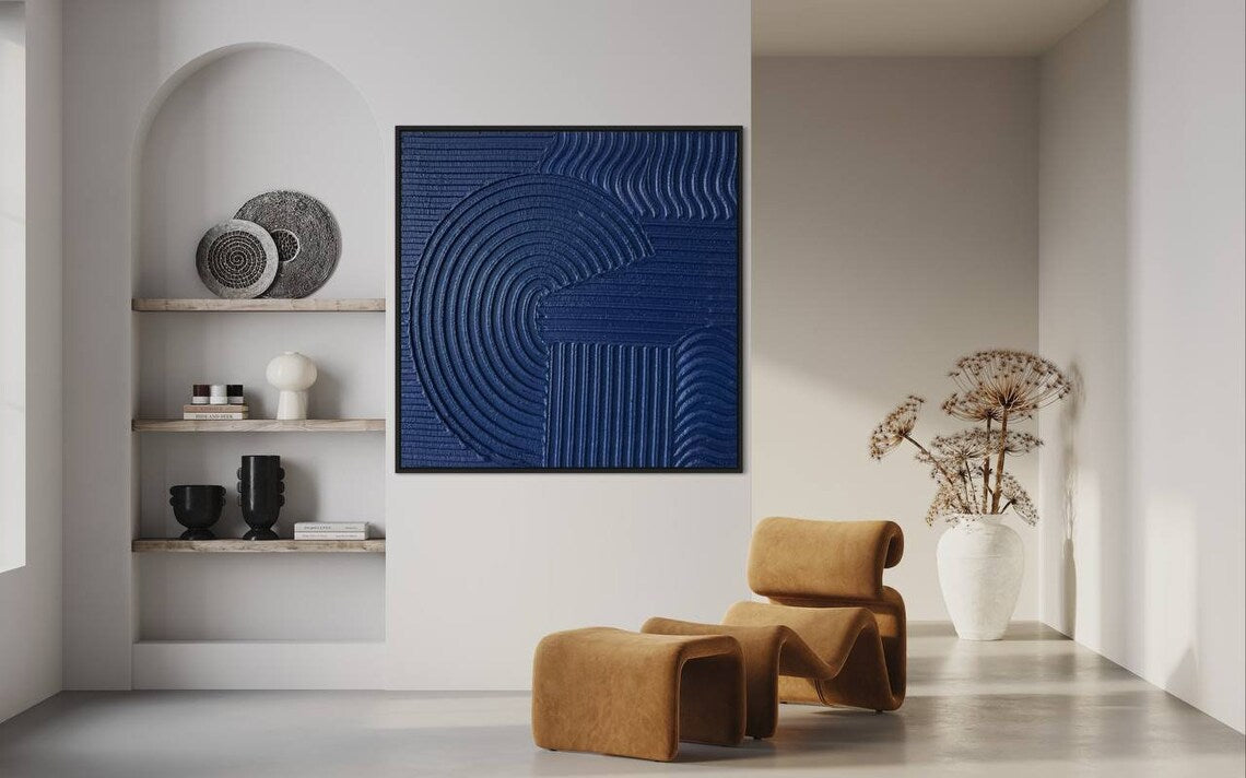 Azure Whirl: Depth in Motion – blue wall art abstract with textured geometric patterns