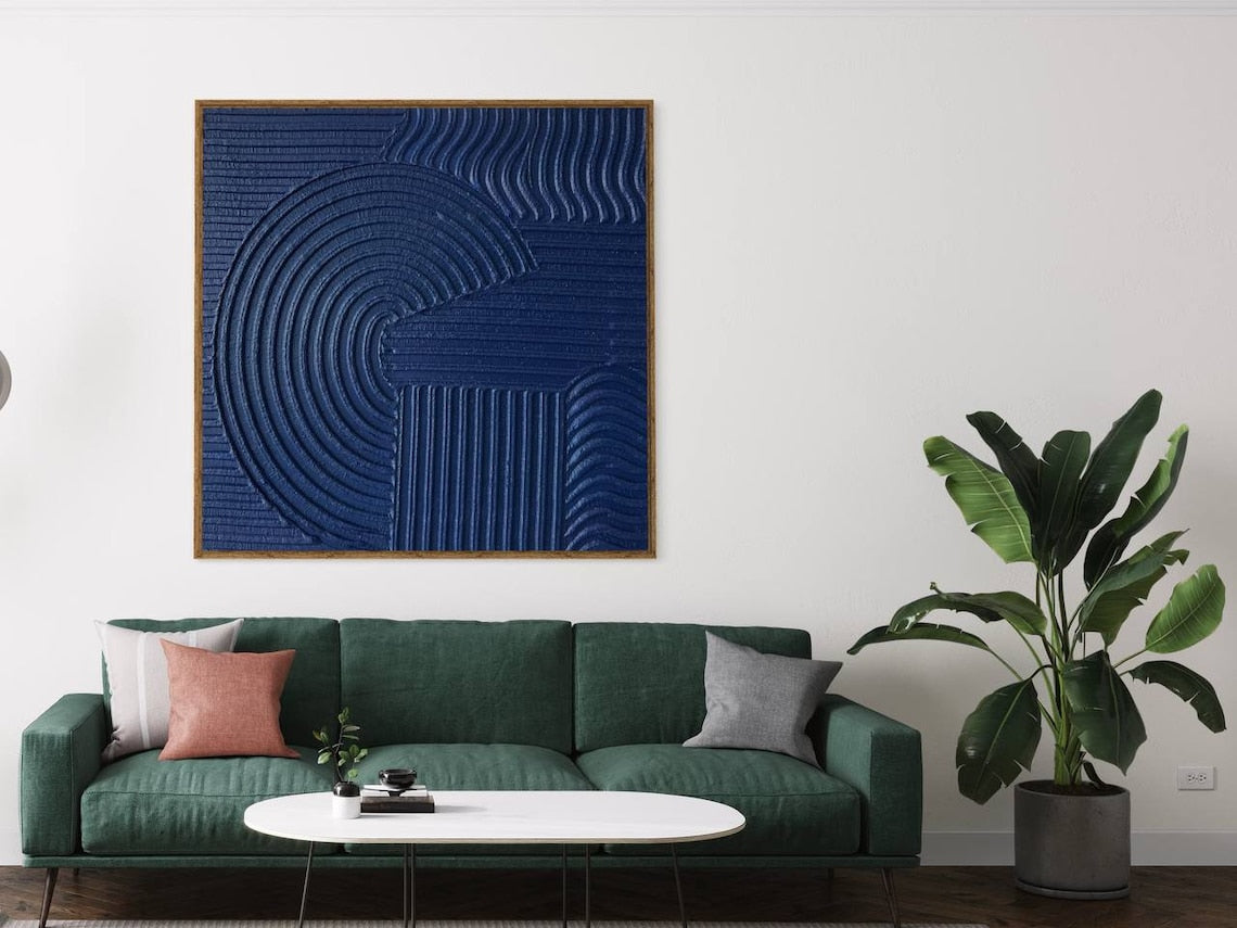 Azure Whirl: Depth in Motion – blue wall art abstract with textured geometric patterns