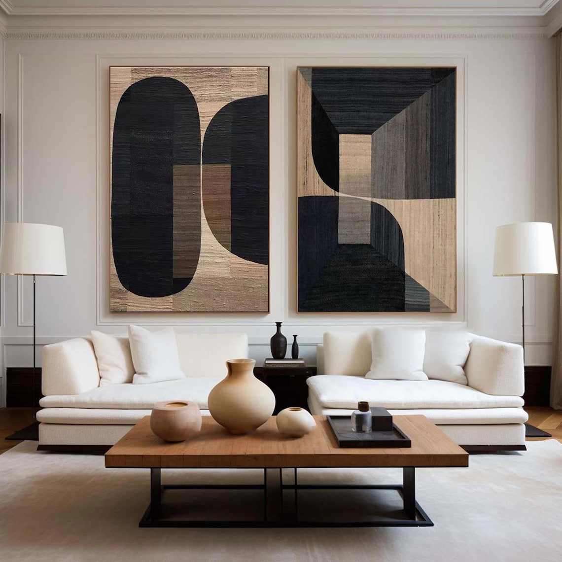 Textured Taupe Twins geometric wall art, modern taupe abstract diptych canvas set