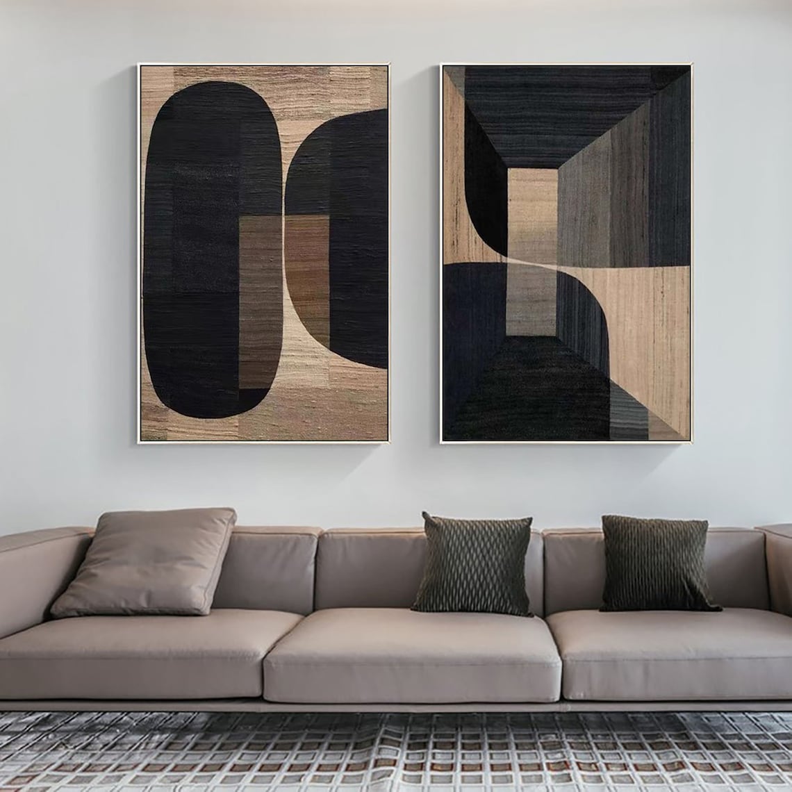 Textured Taupe Twins geometric wall art, modern taupe abstract diptych canvas set