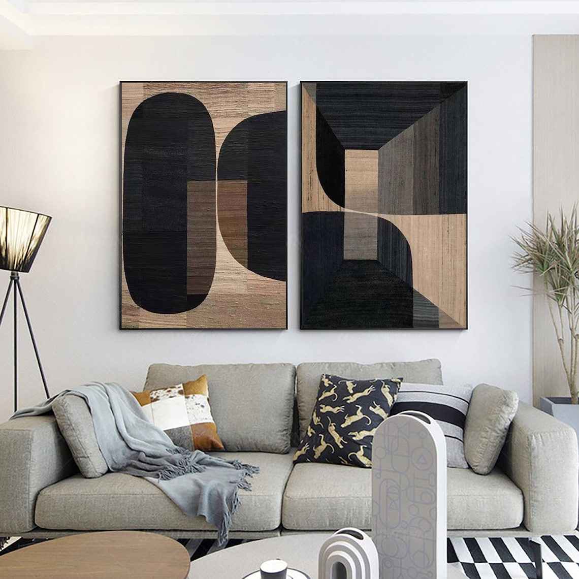 Textured Taupe Twins geometric wall art, modern taupe abstract diptych canvas set