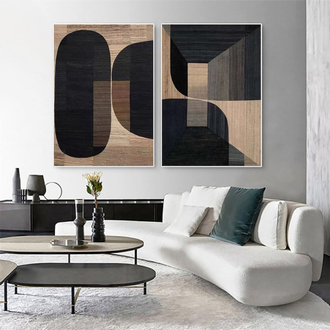Textured Taupe Twins geometric wall art, modern taupe abstract diptych canvas set