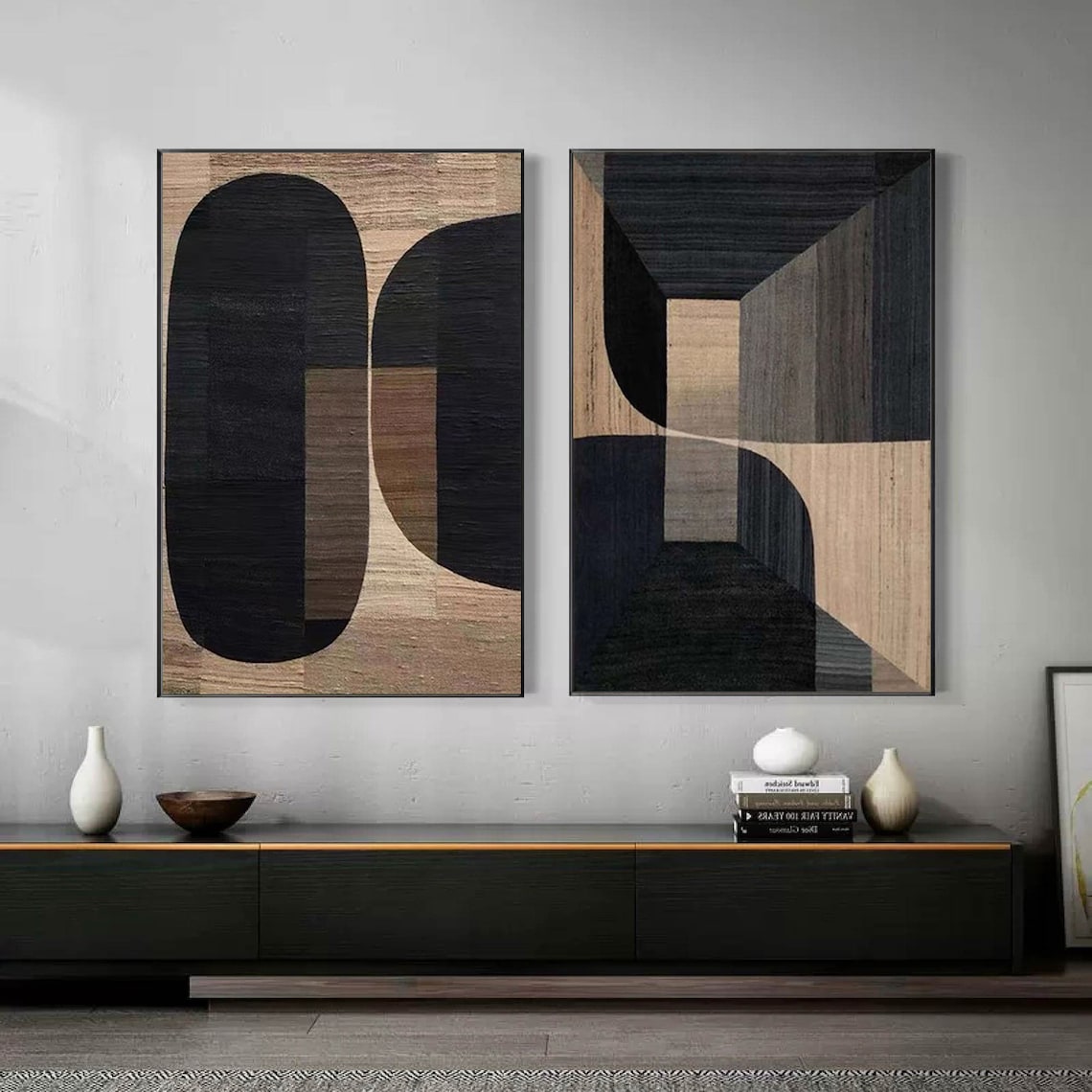 Textured Taupe Twins geometric wall art, modern taupe abstract diptych canvas set