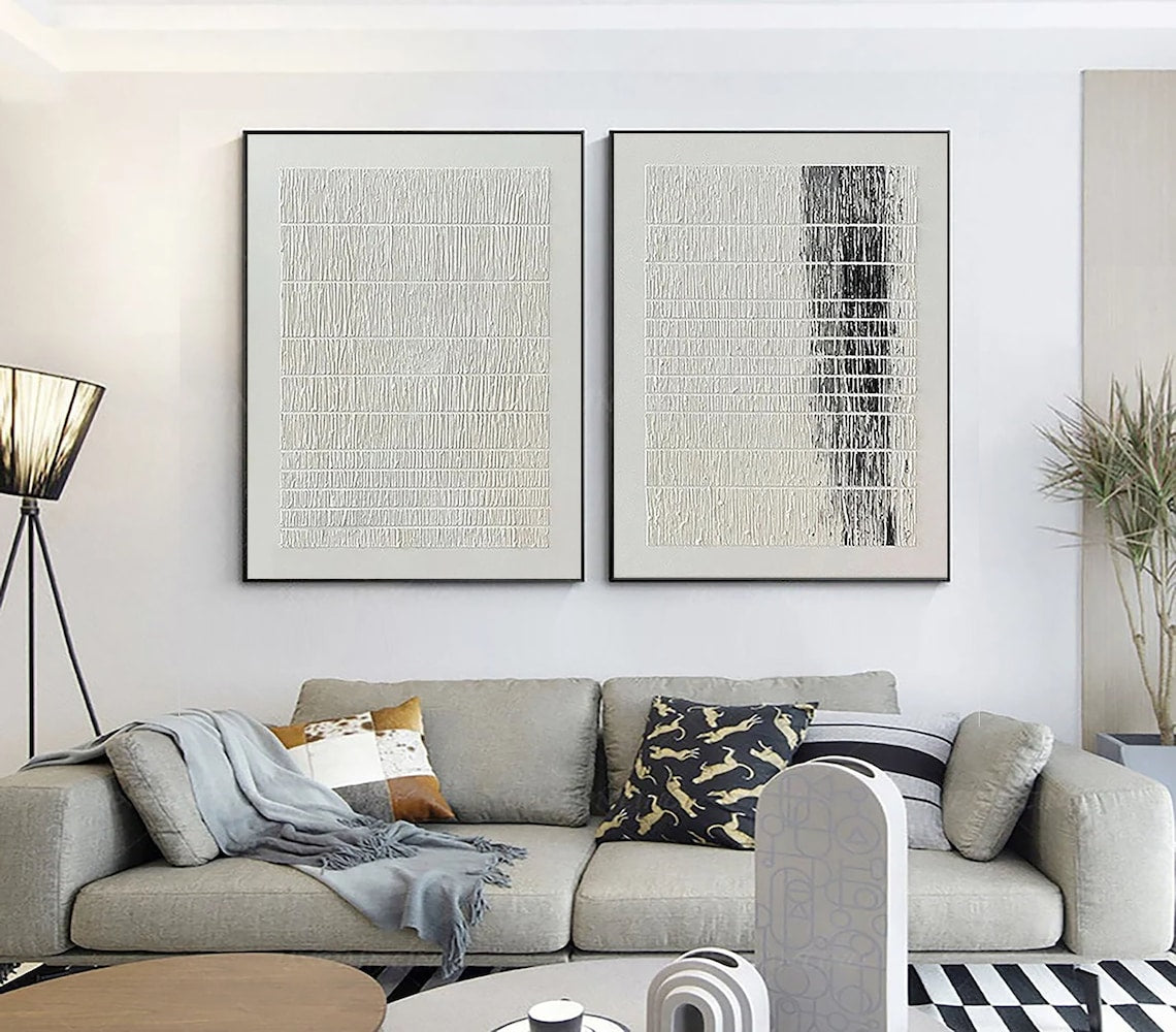 Minimalist black and white textured abstract wall art diptych with thread-like patterns