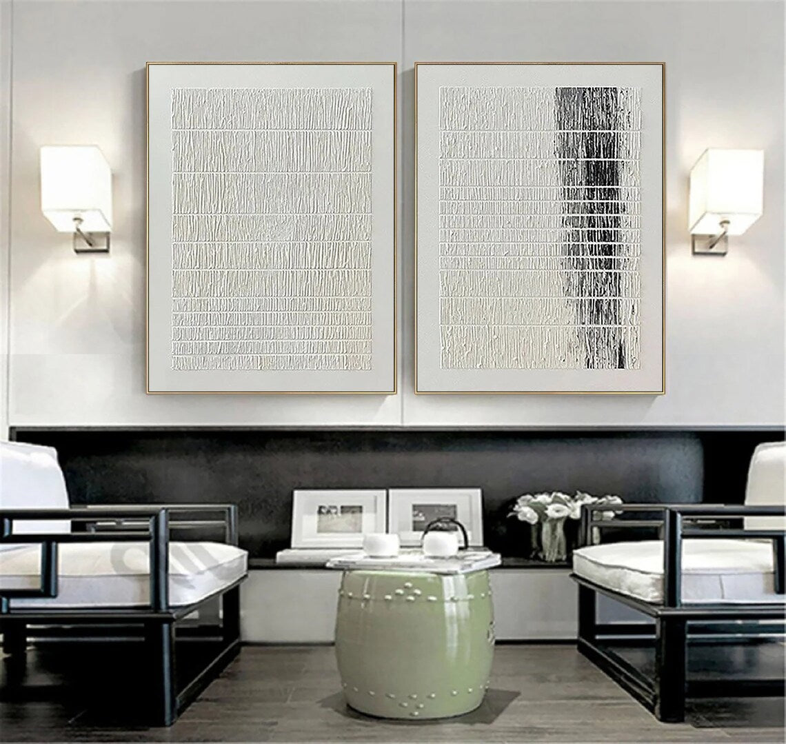 Minimalist black and white textured abstract wall art diptych with thread-like patterns