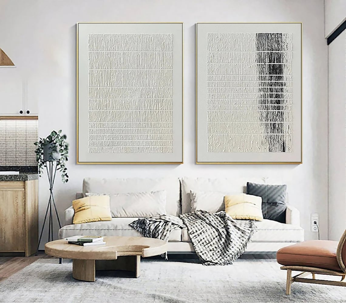 Minimalist black and white textured abstract wall art diptych with thread-like patterns