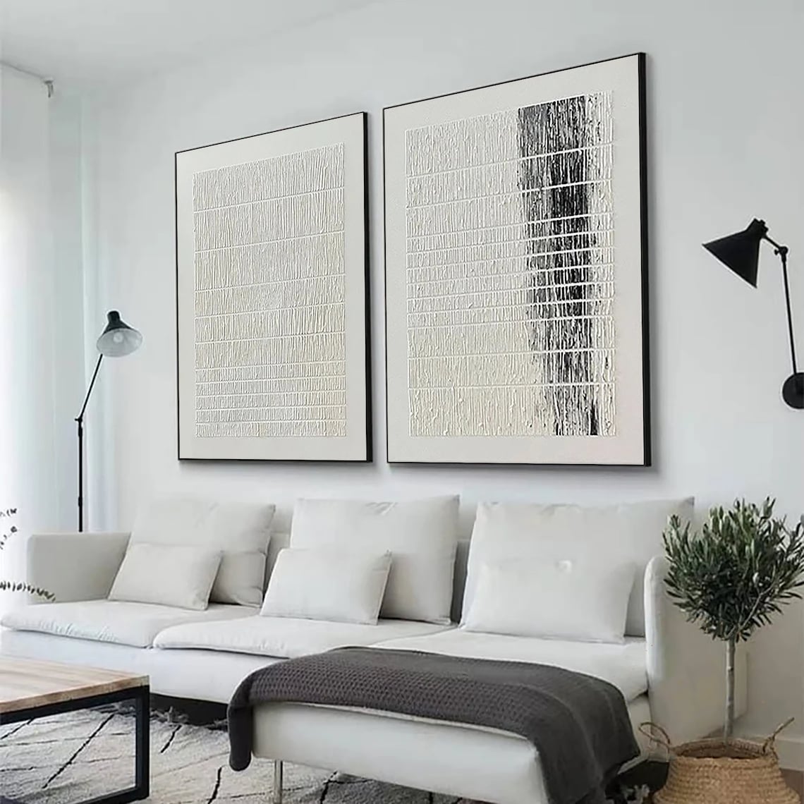 Minimalist black and white textured abstract wall art diptych with thread-like patterns