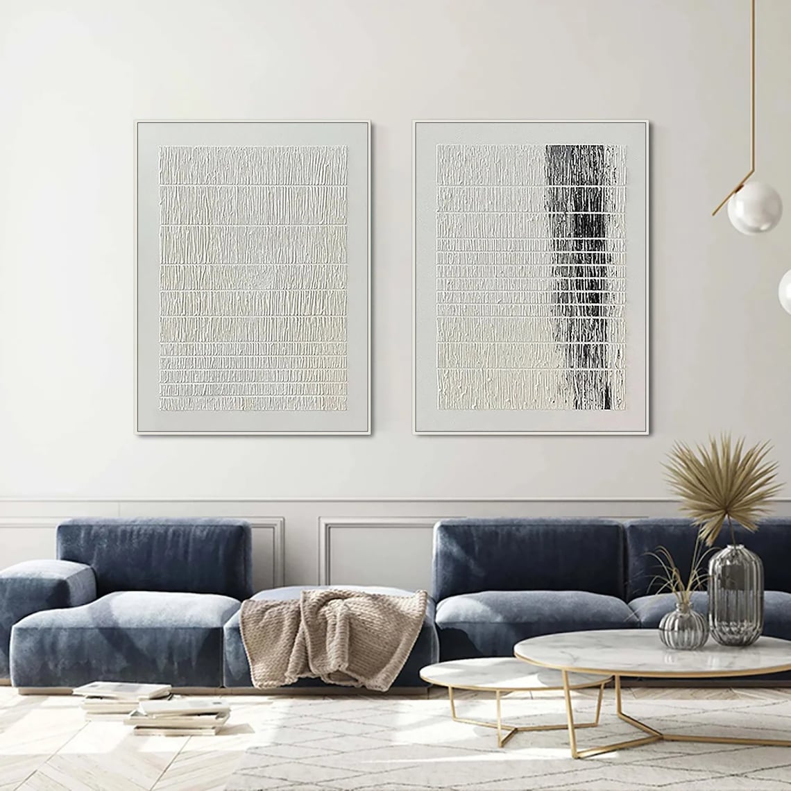 Minimalist black and white textured abstract wall art diptych with thread-like patterns