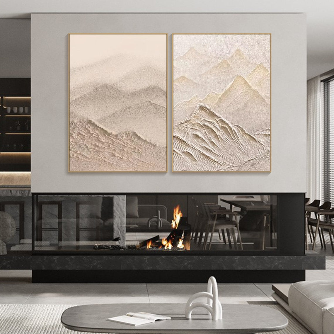 3D textured abstract landscape art diptych with beige and white desert-inspired tones.