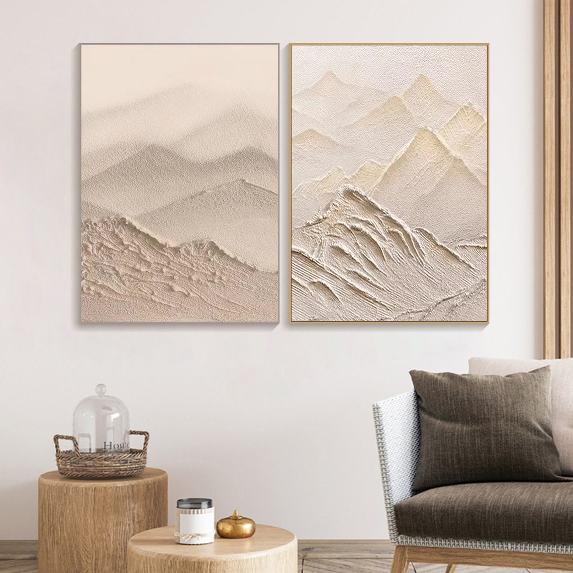 3D textured abstract landscape art diptych with beige and white desert-inspired tones.