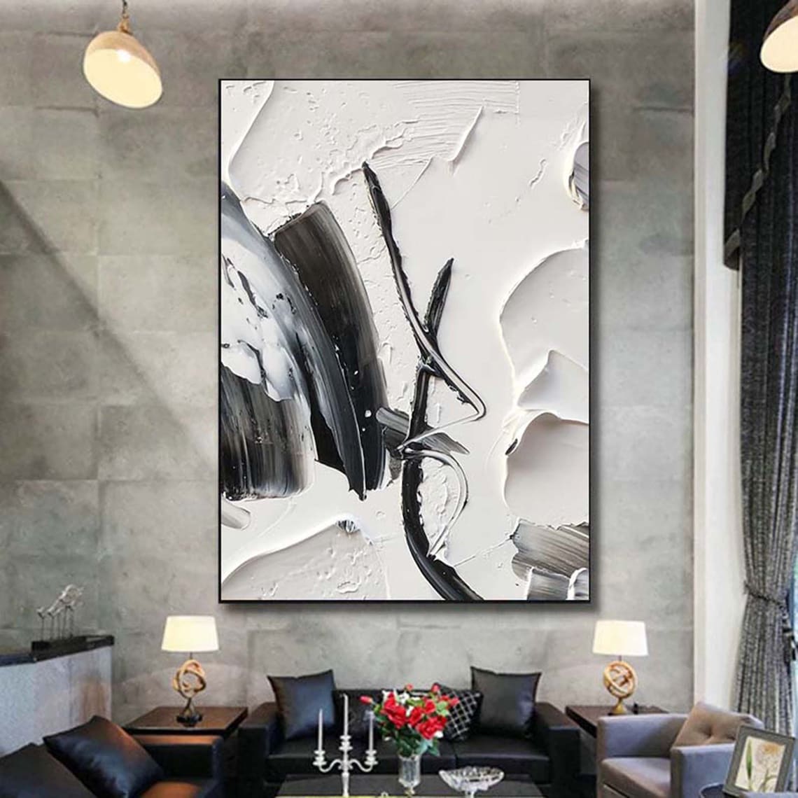 Black and white abstract painting with textured impasto strokes – Elegance in Contrast