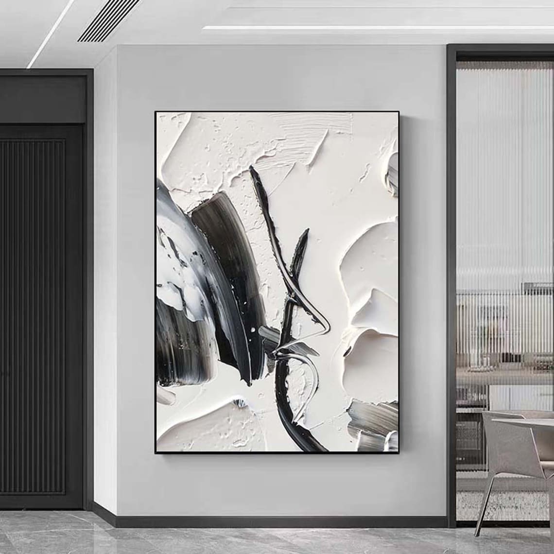 Black and white abstract painting with textured impasto strokes – Elegance in Contrast
