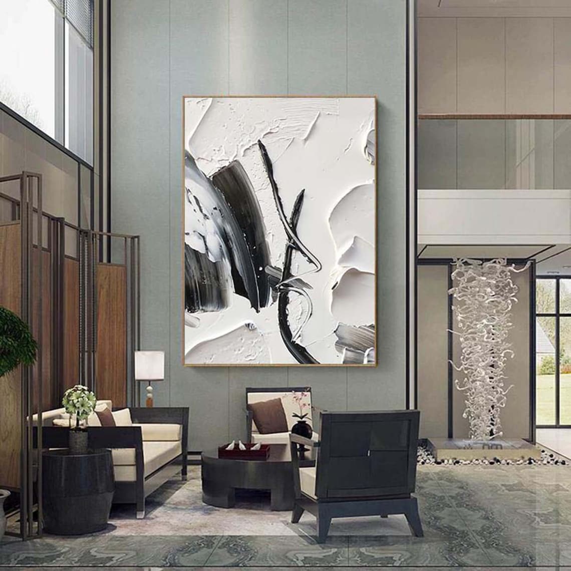 Black and white abstract painting with textured impasto strokes – Elegance in Contrast