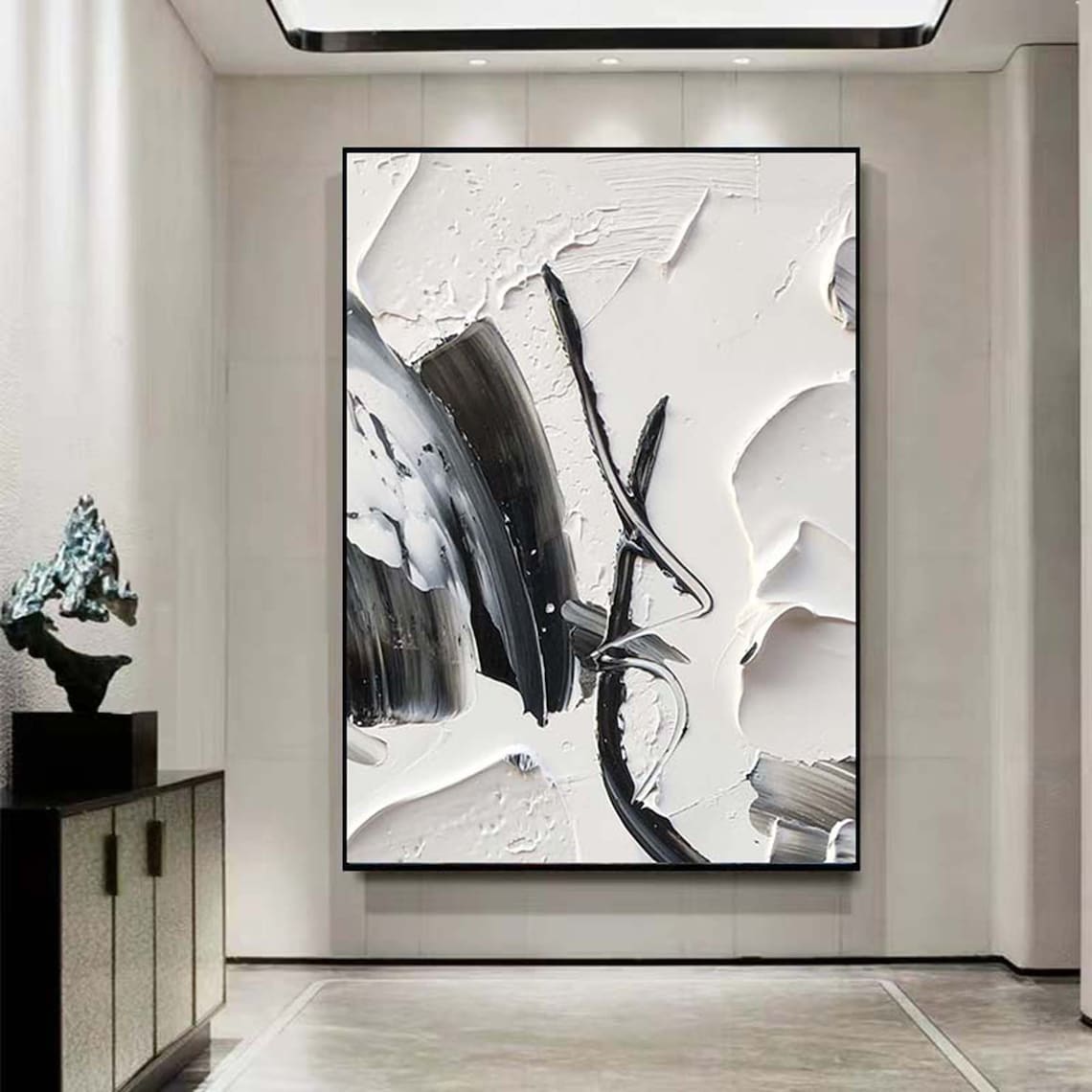 Black and white abstract painting with textured impasto strokes – Elegance in Contrast