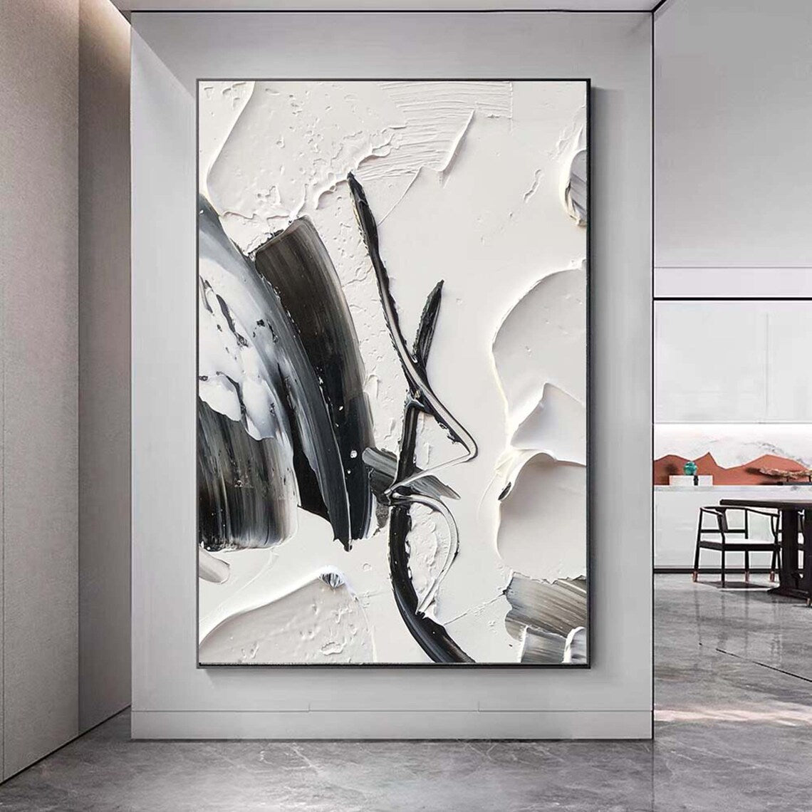 Black and white abstract painting with textured impasto strokes – Elegance in Contrast