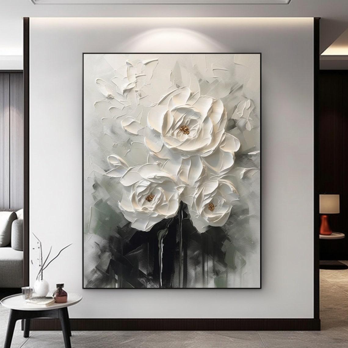 3D floral wall art with textured white blossoms in monochrome tones – Elegance in Monochrome