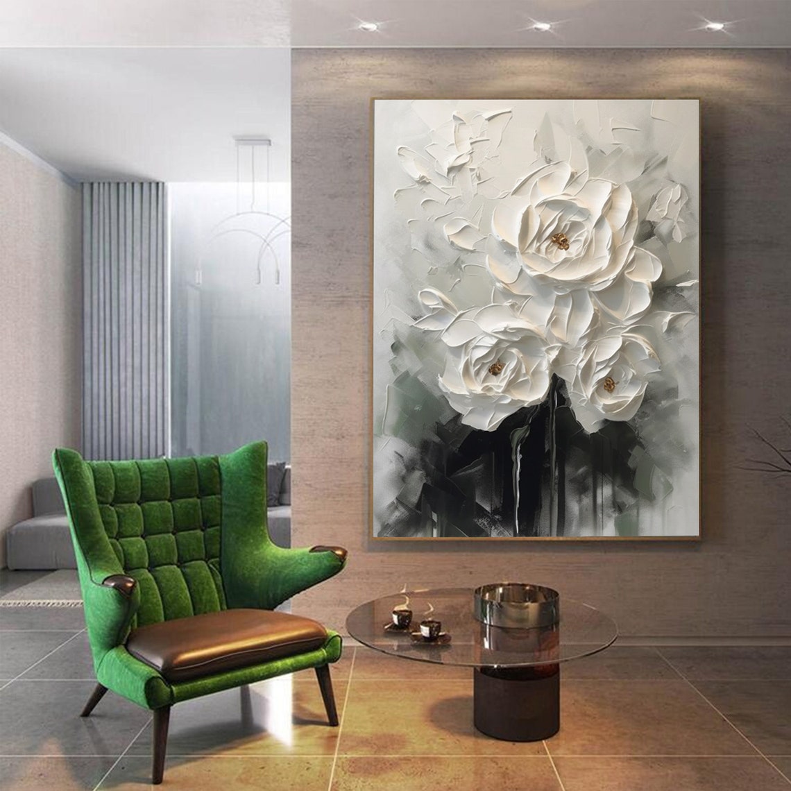 3D floral wall art with textured white blossoms in monochrome tones – Elegance in Monochrome