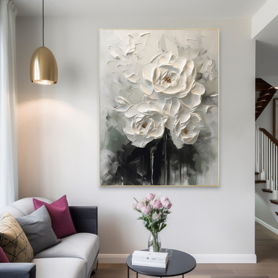 3D floral wall art with textured white blossoms in monochrome tones – Elegance in Monochrome