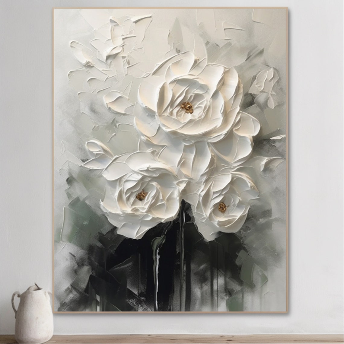 3D floral wall art with textured white blossoms in monochrome tones – Elegance in Monochrome