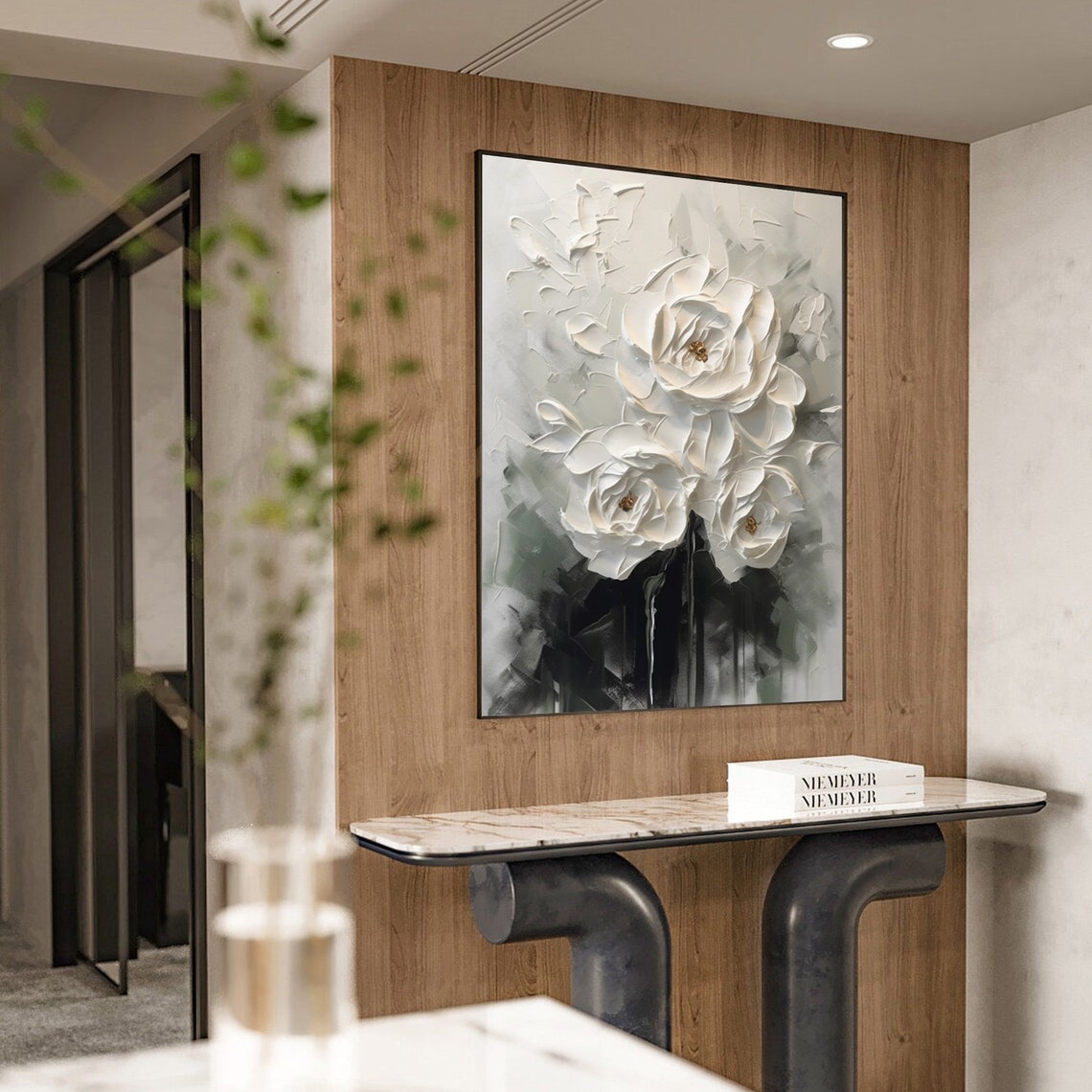 3D floral wall art with textured white blossoms in monochrome tones – Elegance in Monochrome