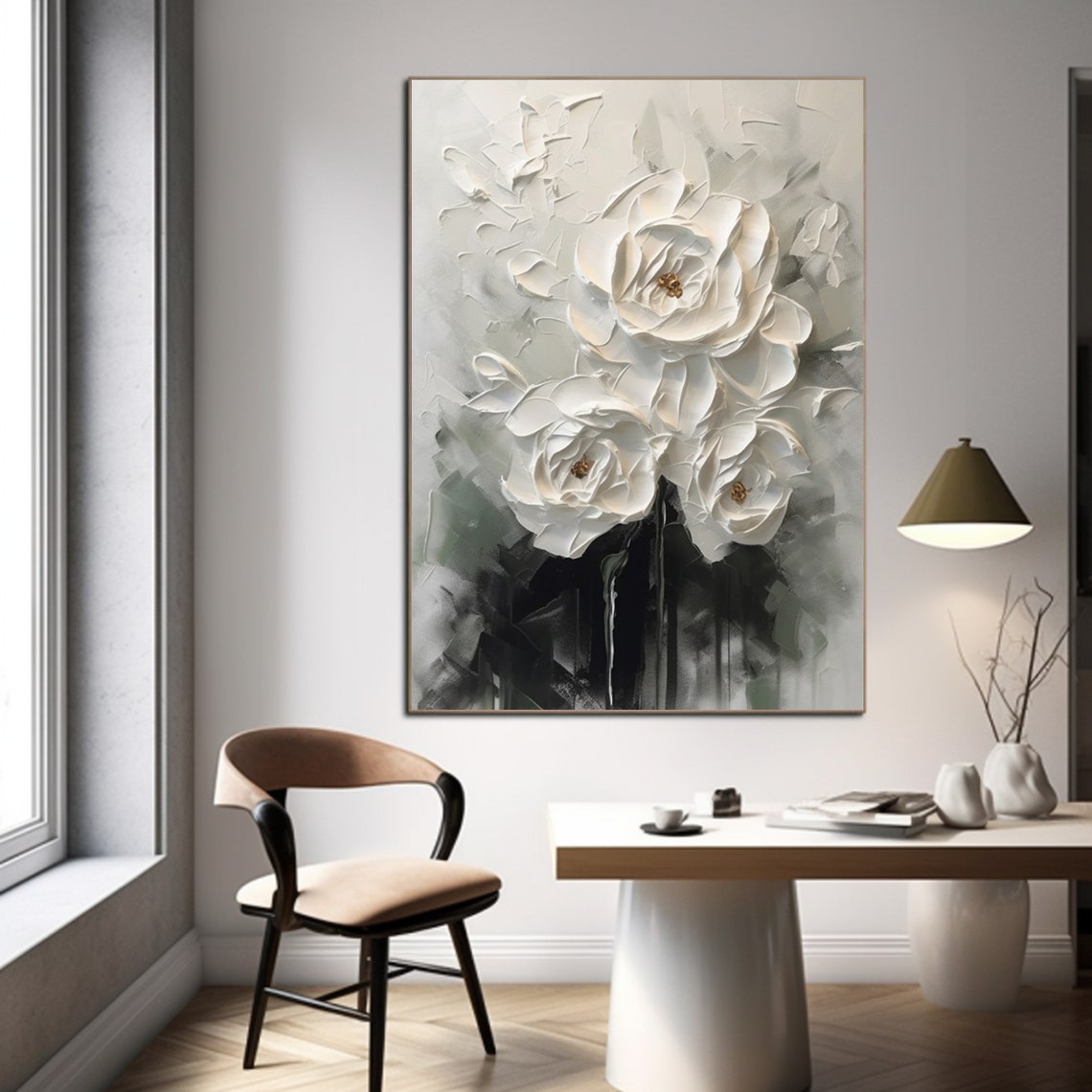 3D floral wall art with textured white blossoms in monochrome tones – Elegance in Monochrome