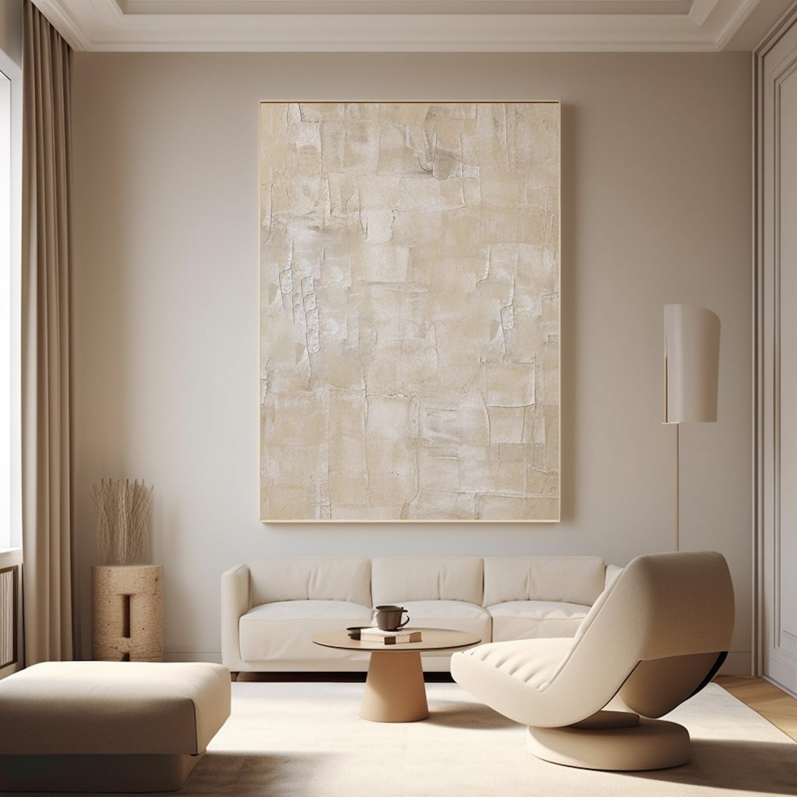 Textured wall decor with soft beige tones and layered abstract design.