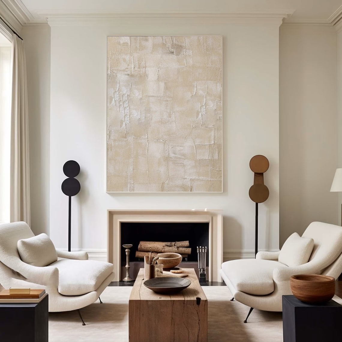 Textured wall decor with soft beige tones and layered abstract design.