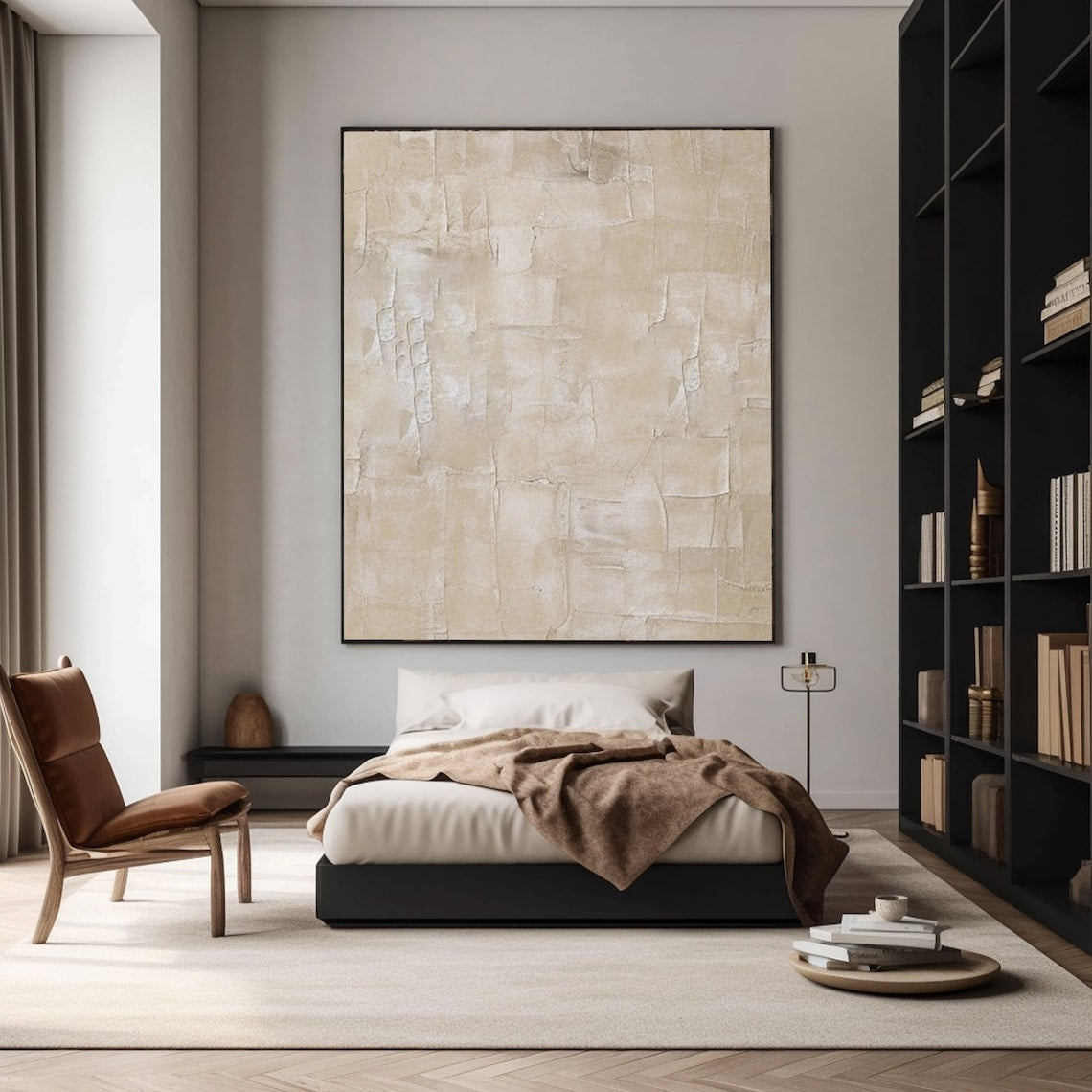 Textured wall decor with soft beige tones and layered abstract design.