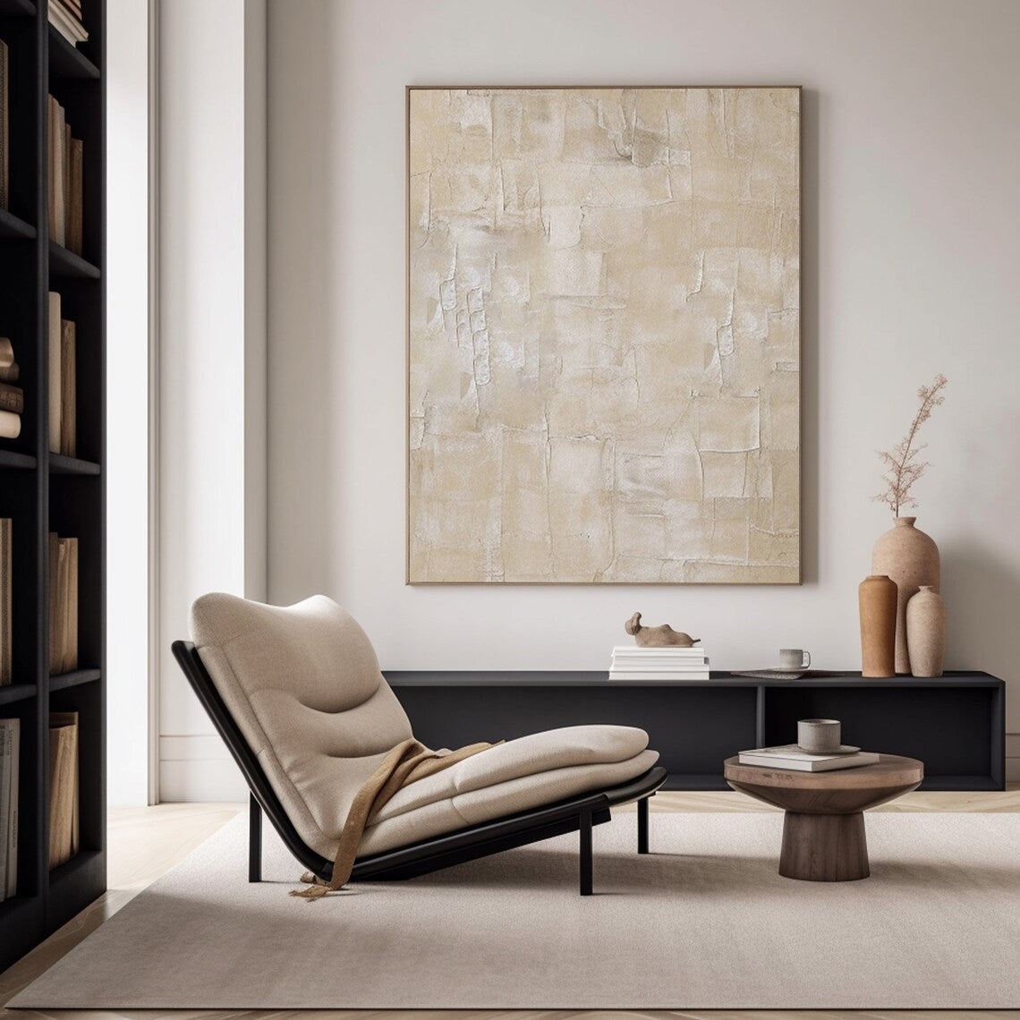 Textured wall decor with soft beige tones and layered abstract design.