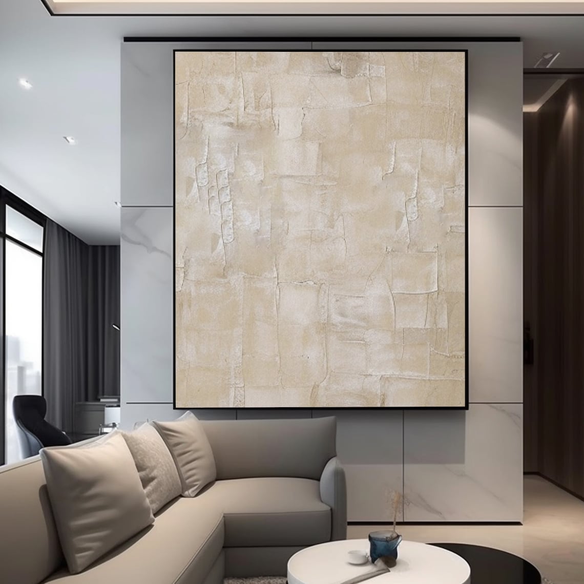 Textured wall decor with soft beige tones and layered abstract design.