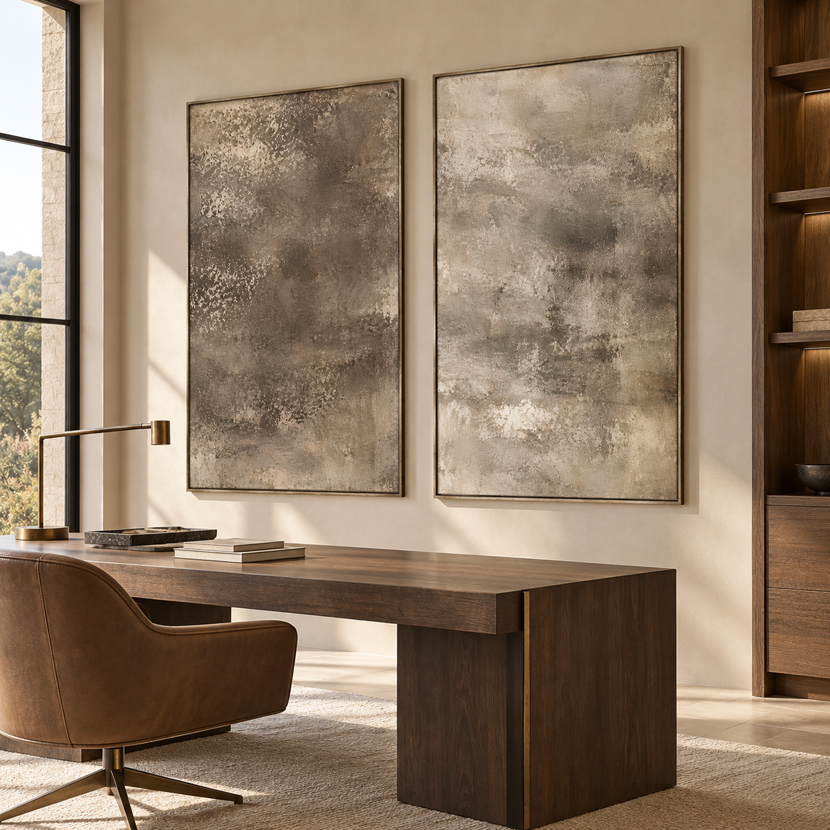 Neutral beige and taupe abstract textured wall art set of 2 with earthy brown tones
