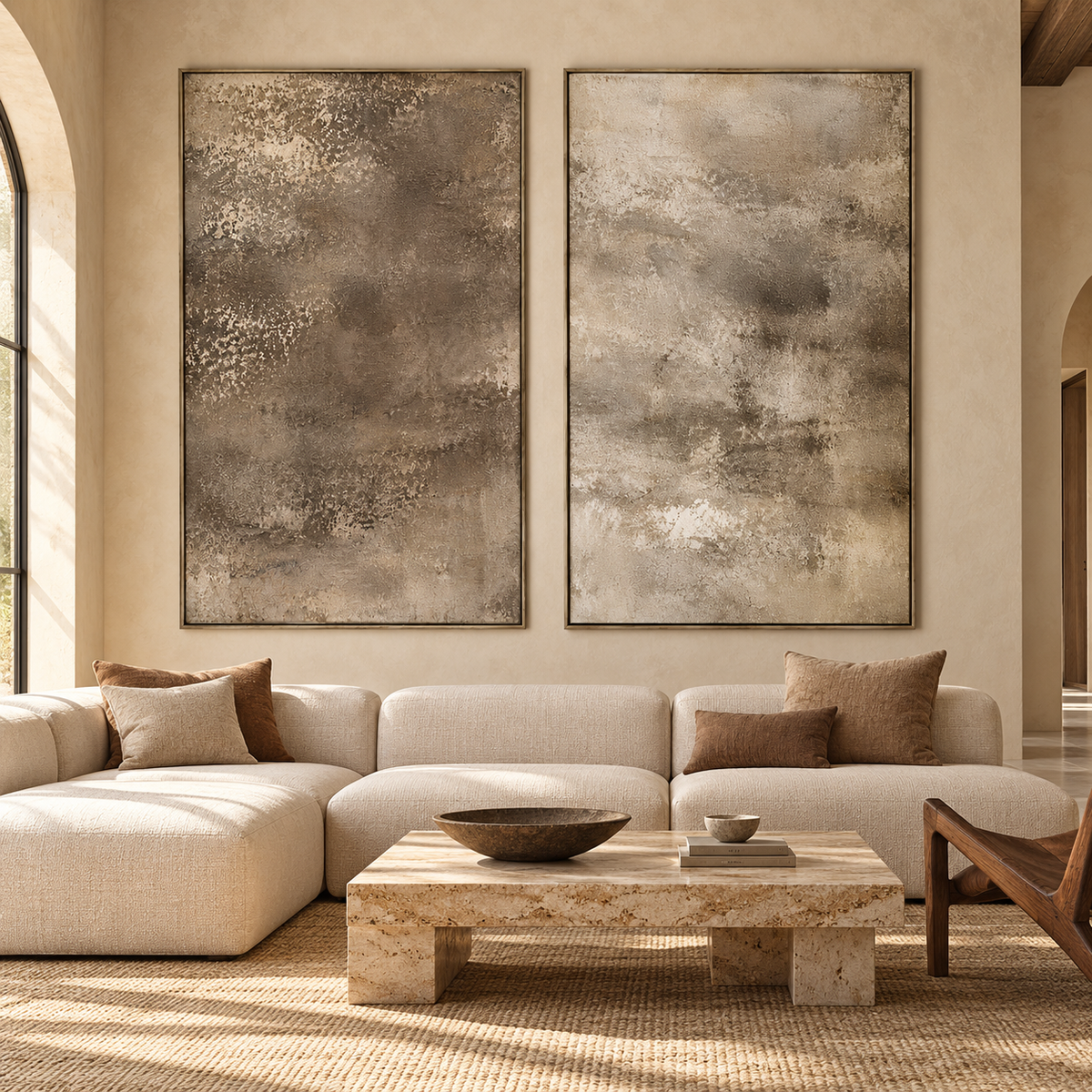 Neutral beige and taupe abstract textured wall art set of 2 with earthy brown tones