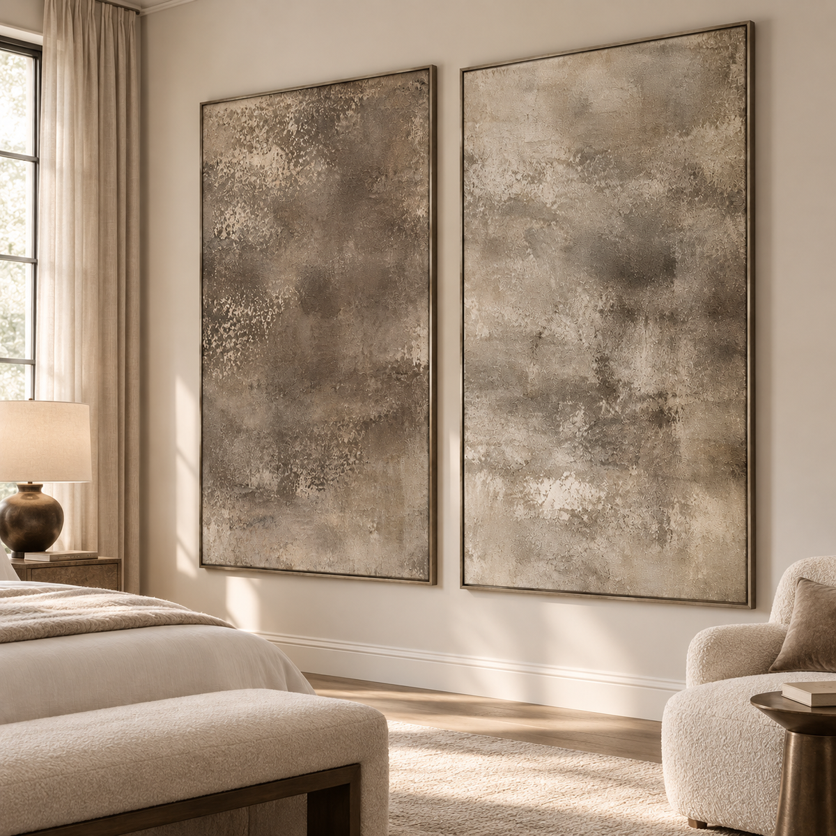 Neutral beige and taupe abstract textured wall art set of 2 with earthy brown tones