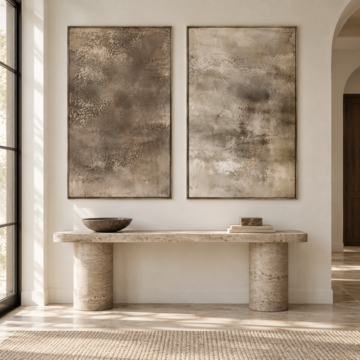Neutral beige and taupe abstract textured wall art set of 2 with earthy brown tones