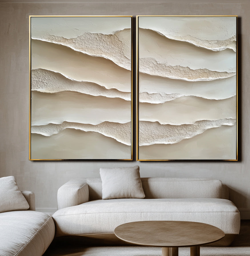 Abstract textured canvas wall art with layered neutral tones and flowing 3D design