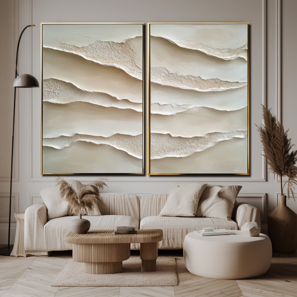 Abstract textured canvas wall art with layered neutral tones and flowing 3D design