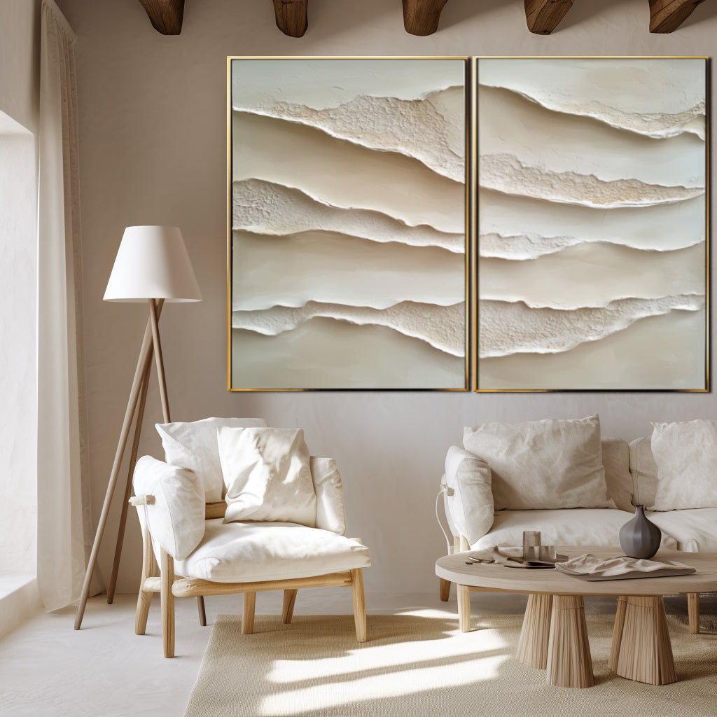 Abstract textured canvas wall art with layered neutral tones and flowing 3D design