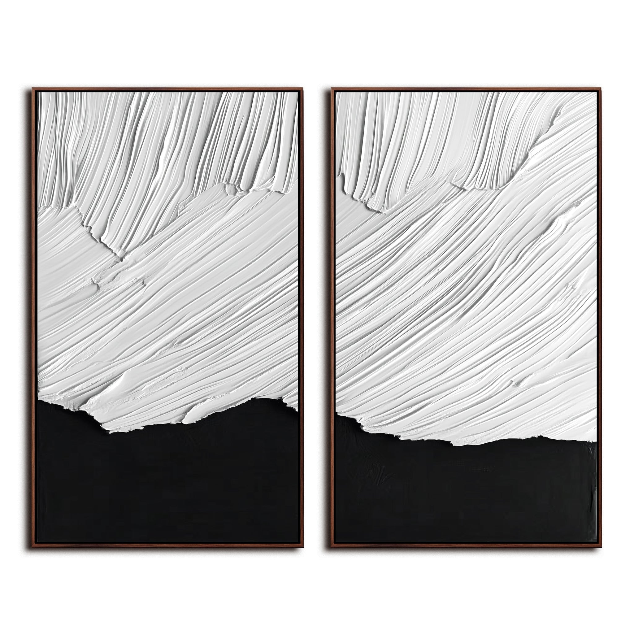 Dual textured black and white panels Scandinavian wall art with abstract brushstroke textures