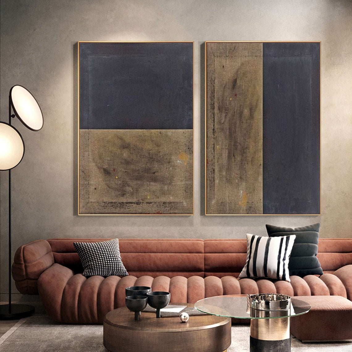 Earthen Harmony – Modern Abstract Wall Art Diptych in Brown and Gray