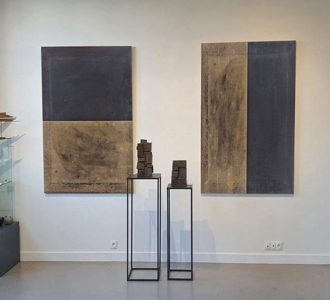 Earthen Harmony – Modern Abstract Wall Art Diptych in Brown and Gray
