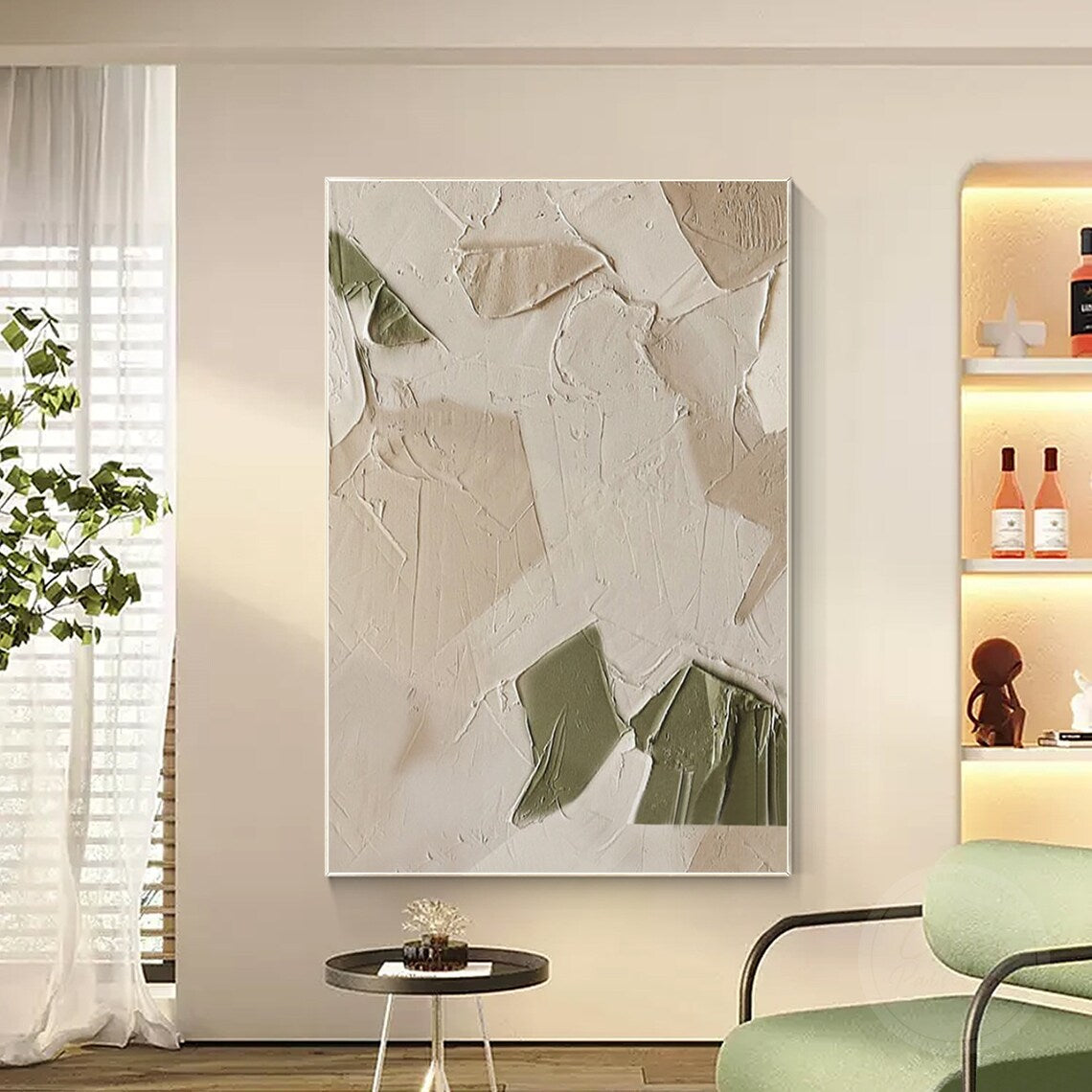 Serene Impressions – Abstract Textured Wall Art in Green and White Tones