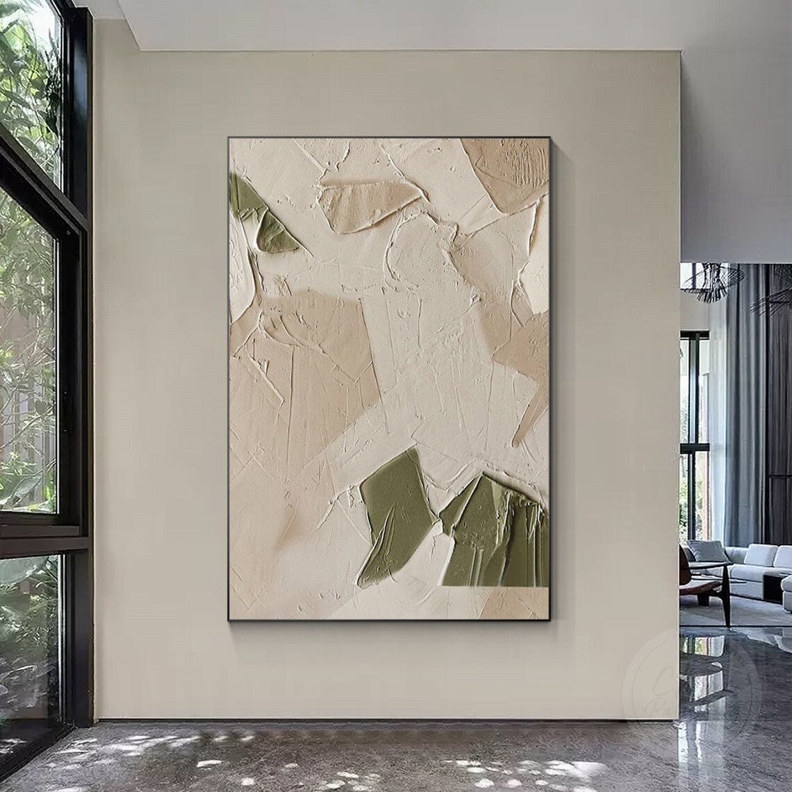 Serene Impressions – Abstract Textured Wall Art in Green and White Tones