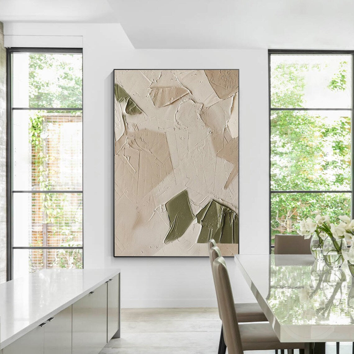 Serene Impressions – Abstract Textured Wall Art in Green and White Tones