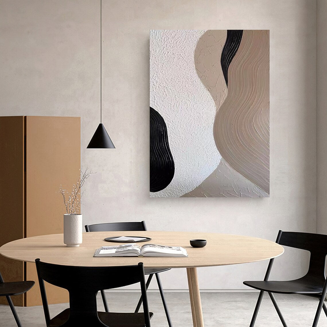 Large abstract wall art for living room with black, beige, and white textured swirls