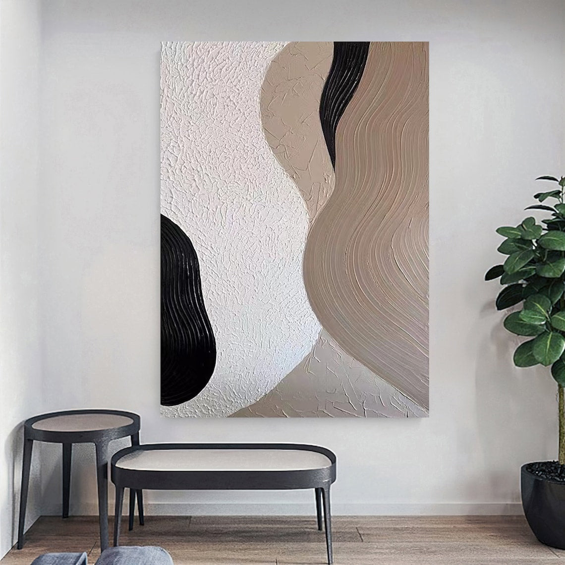 Large abstract wall art for living room with black, beige, and white textured swirls
