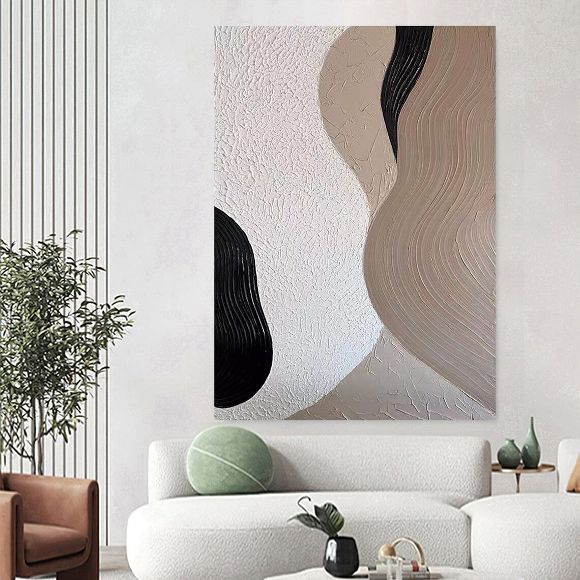 Large abstract wall art for living room with black, beige, and white textured swirls