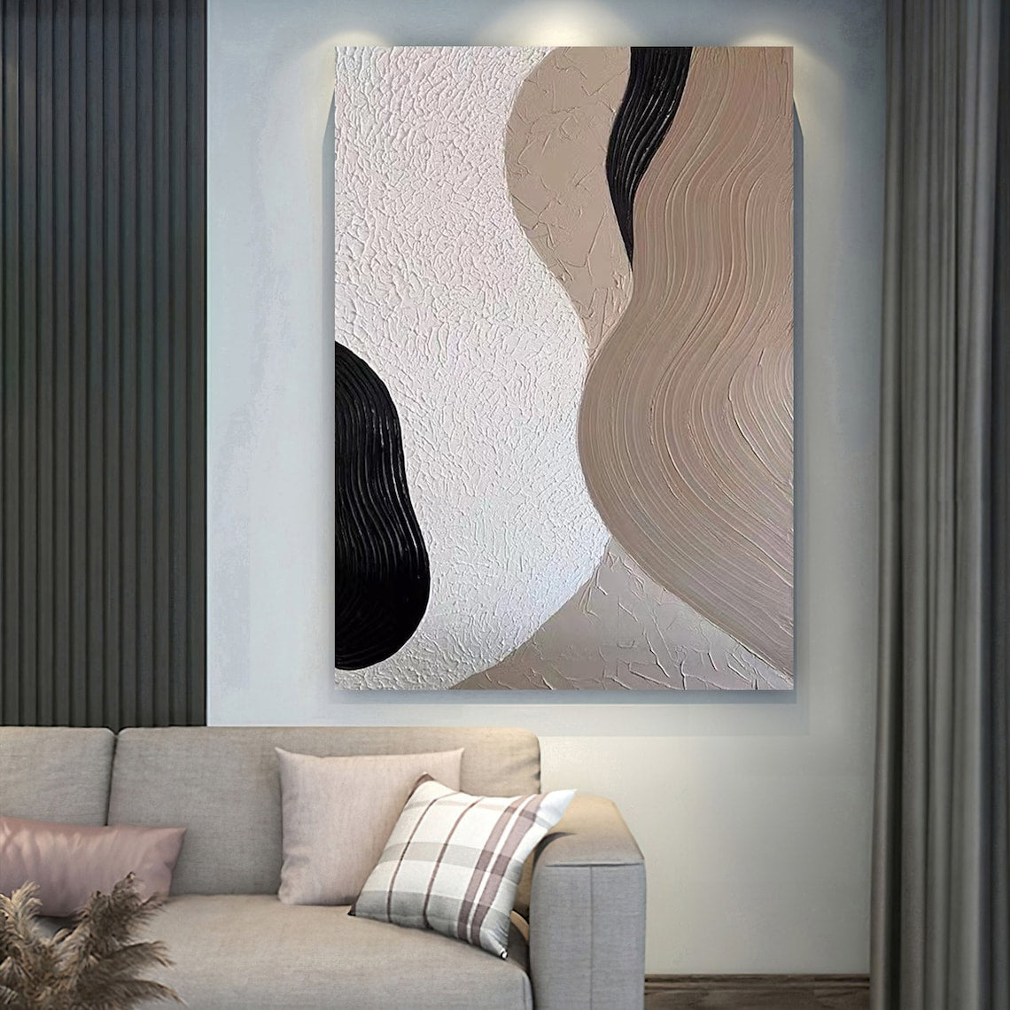 Large abstract wall art for living room with black, beige, and white textured swirls